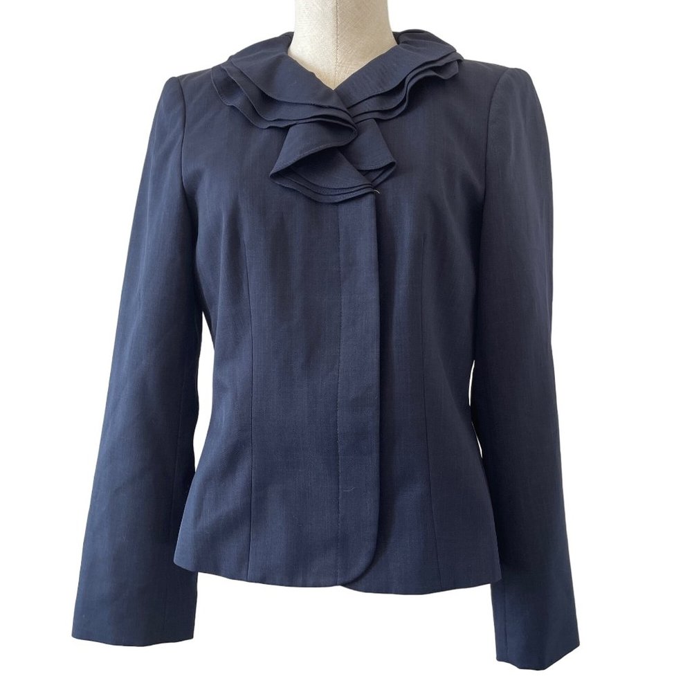 Emily Blazer Ruffle Collar Navy Blue Career Button Up Size 10